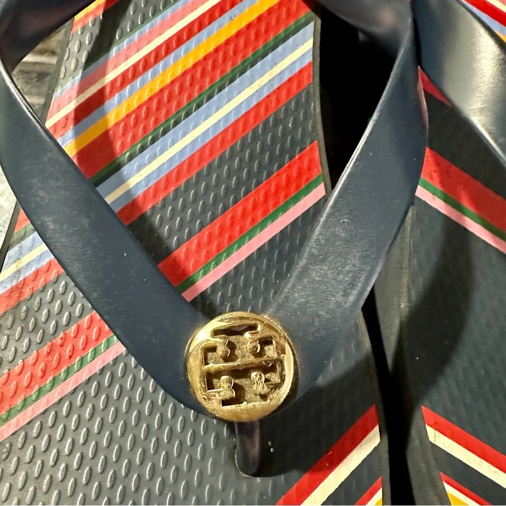 Tory Burch Navy Multicolor Stripe Flip Flops